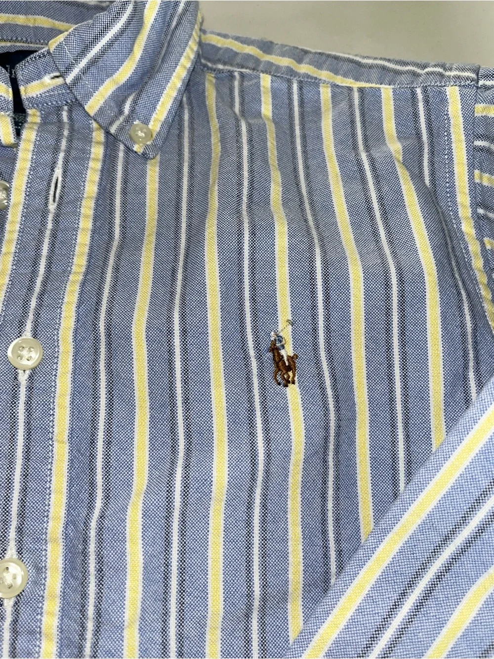 Boys Ralph Lauren blue and yellow striped button down shirt.  Size small or 8.